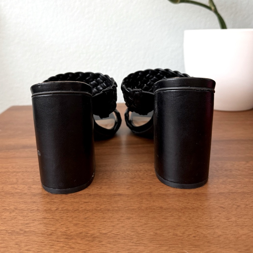 Bamboo Black Woven Braided Square Toe Block Heels Sandals Size 8.5 Vegan Leather - Picture 5 of 9
